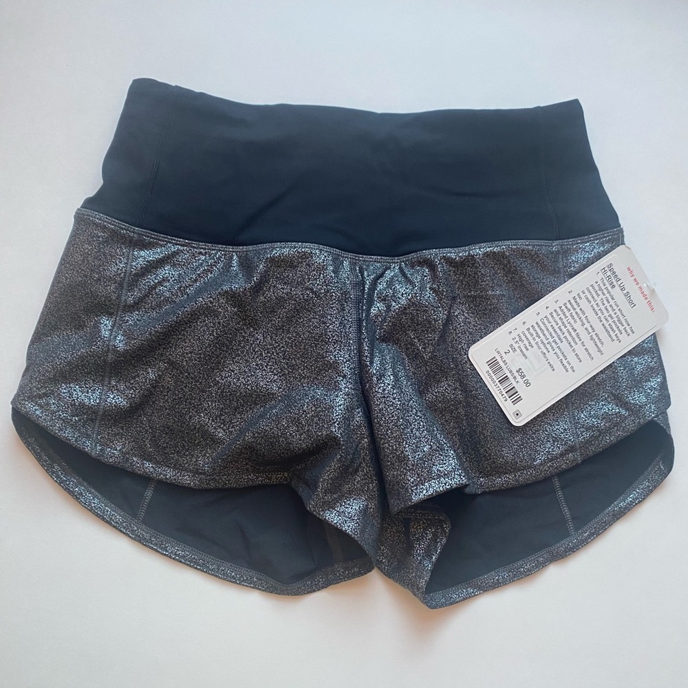NWT Lululemon Speed Up Short Hi-Rise, Size: 2, Color: Foil Print Black Silver